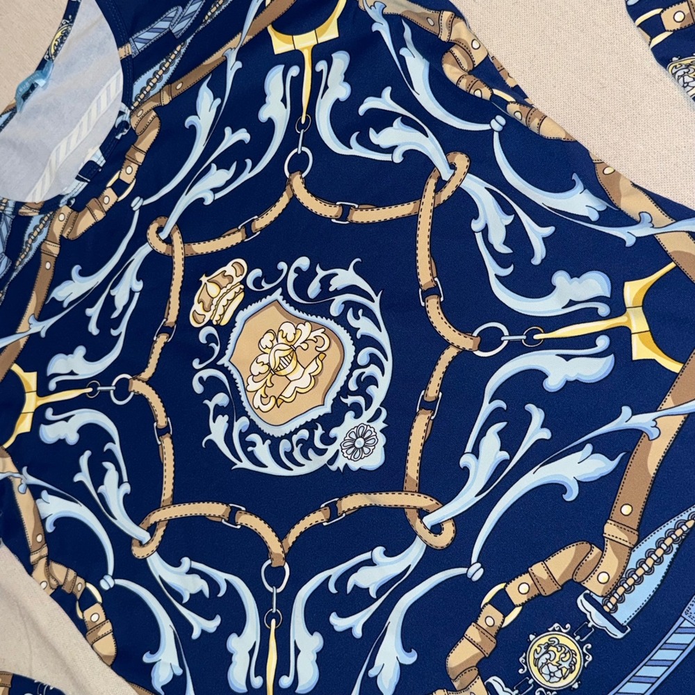 J.McLaughlin Navy Blue Nautical Equestrian Belt Crest Print Top Medium